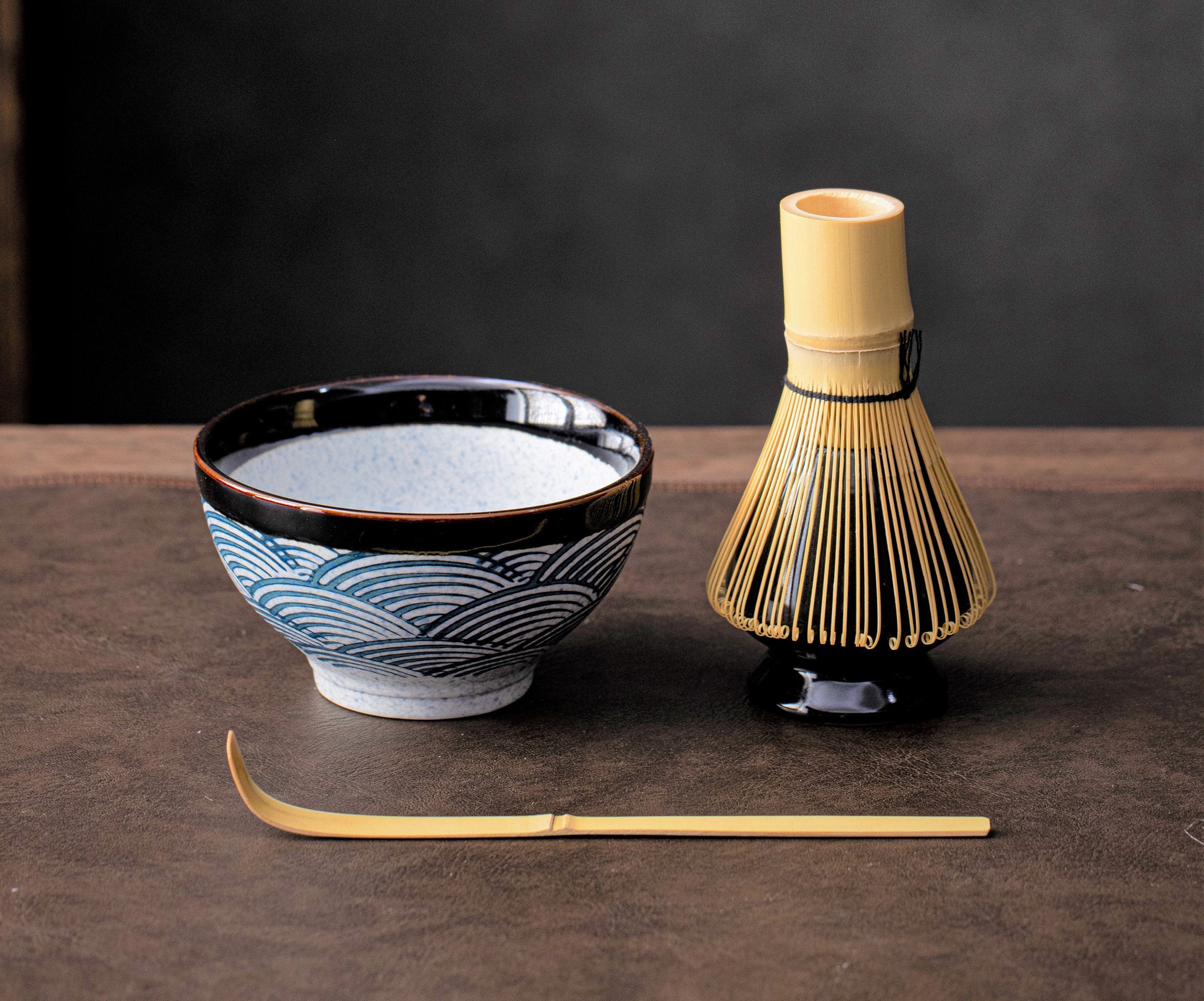 Sea Wave Ceramic Matcha Bowl With Bamboo Whisk and Chasen Holders 