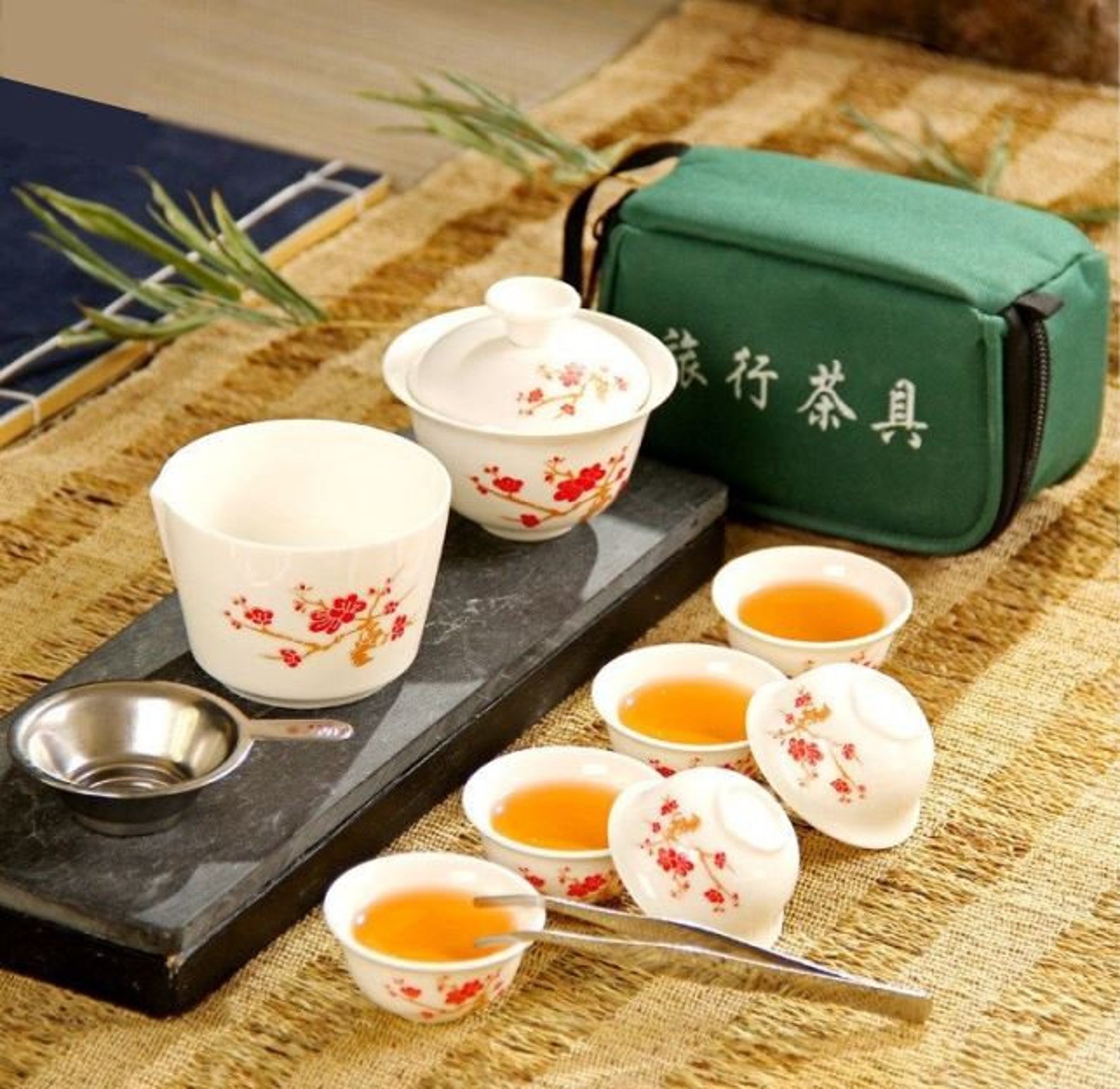 Ceramic Tea Set Gongfu Tea Gaiwan Portable Travel Tea Set Cherry Blossoms.