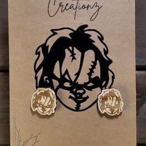 Chucky Wood Earrings, Horror, Fan, small, lightweight, studs, good guy doll, Childs play