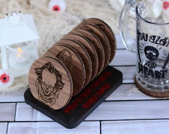 Horror Themed Walnut Engraved Coasters