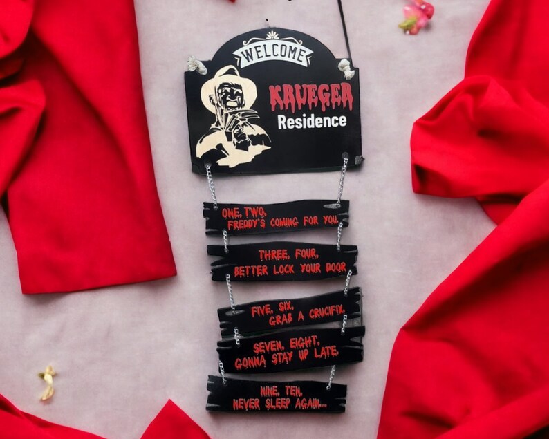May include: A black wooden sign with the text "WELCOME KRUEGER Residence" and a graphic of Freddy Krueger. Below the sign are five smaller signs with text about Freddy Krueger's arrival.