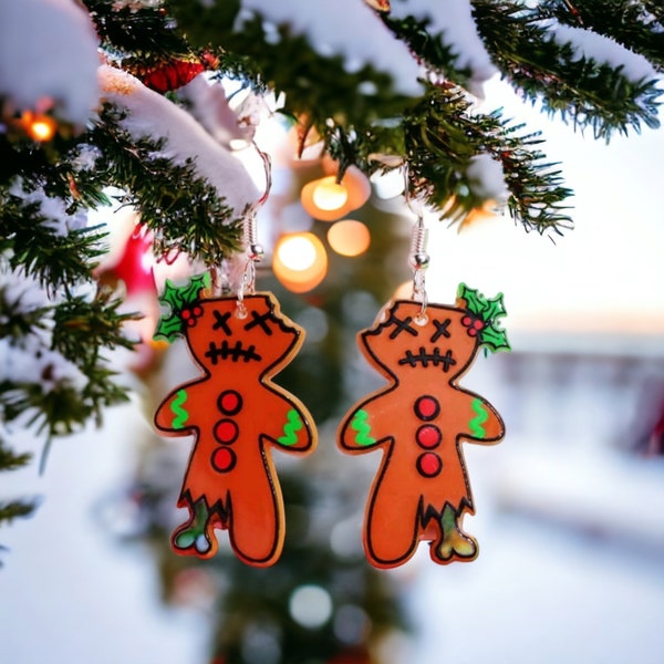 Horror Gingerbread Zombie Earrings, Spooky Christmas