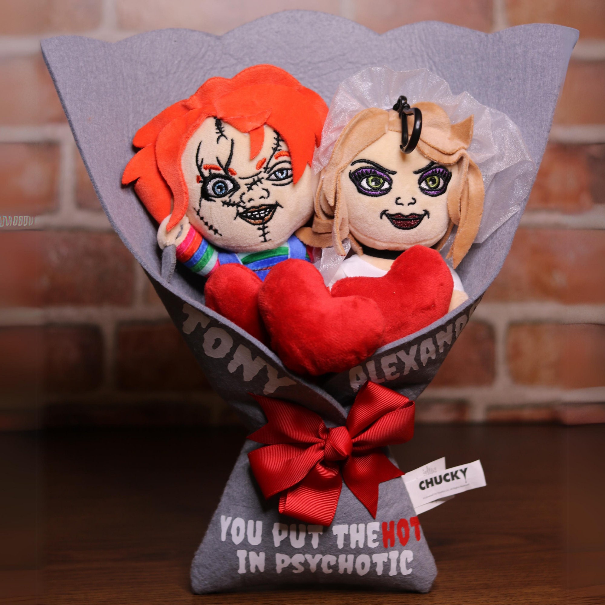 Bloody Valentine, Custom Chucky Bouquet & Shot Glasses, Personalized Valentine Gifts, Custom Plush Bouquet, Horror Valentine Gifts, horror