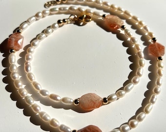 Dainty Freshwater Pearl and Sunstone Necklace, Beaded Jewelry