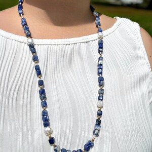 Blue Sodalite Cube Necklace, Freshwater Pearls, Boho Mermaid Jewelry