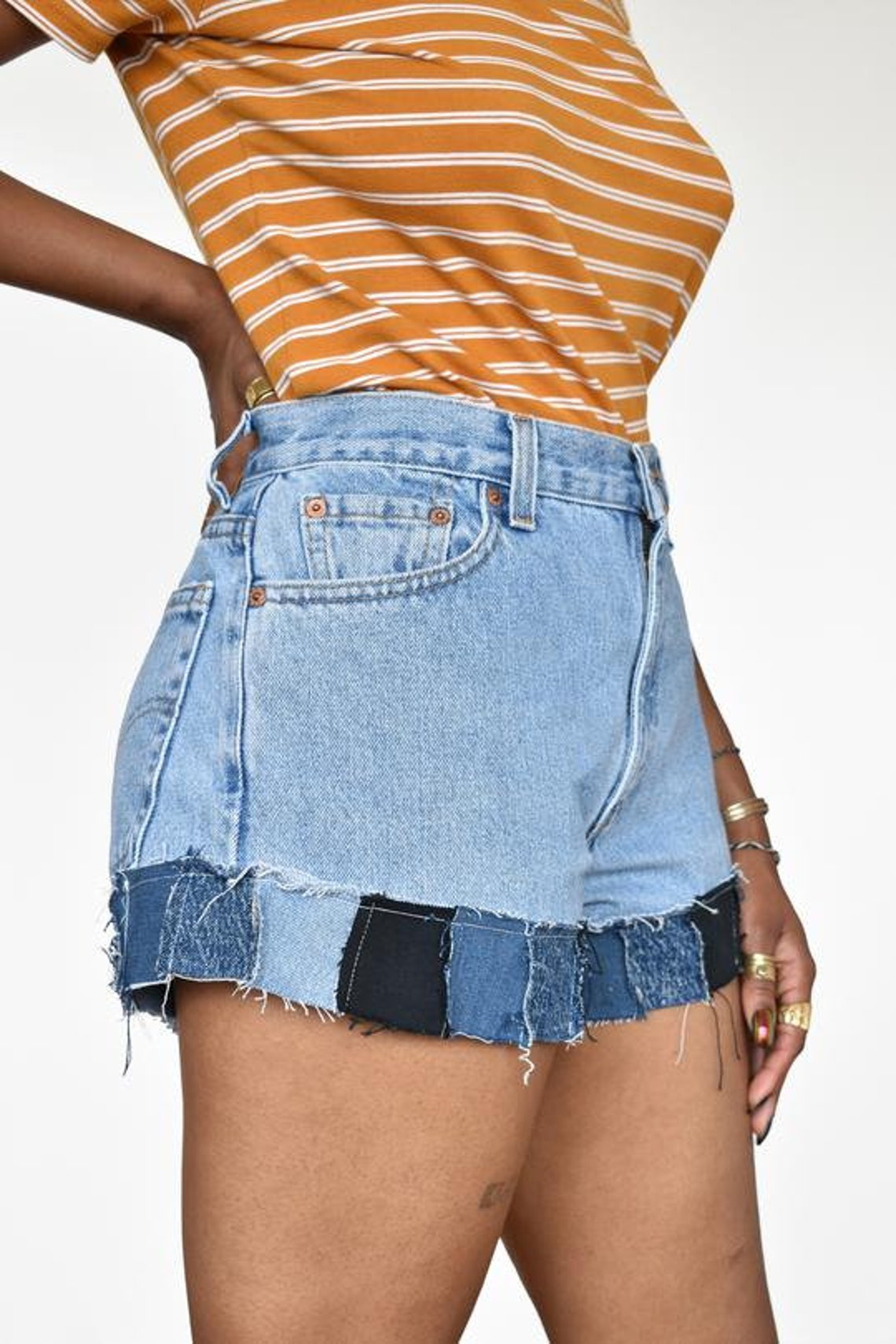 Reworked Handmade Patchwork Levi's Denim Shorts In Blue Etsy