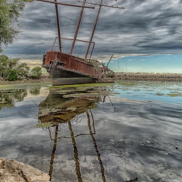 Old rusty ship | Reflection | Pirate ship| Rusty ship with masts | Cloudscape boat La Grande Hermine  | Jordan, Ontario | Landscape |