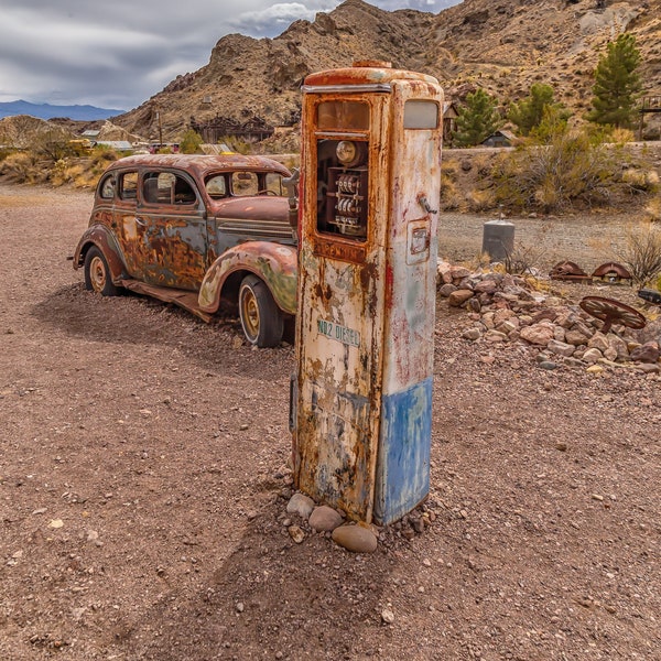 Old rusty car | Antique gas pump | desert mountain gas pump | gas pump and car | abandoned car | garage decor car | vintage car and gas pump