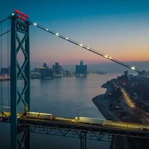 Ambassador bridge with Detroit skyline | Bridge close up | Detroit skyline from bridge | birds eye view of Detroit | Detroit Michigan bridge