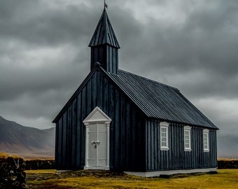 Famous black Church of  Iceland |Icelandic | Colour  | Fine Art Print | Church | Travel | religious | Religion | God | Beliefs | Spiritual