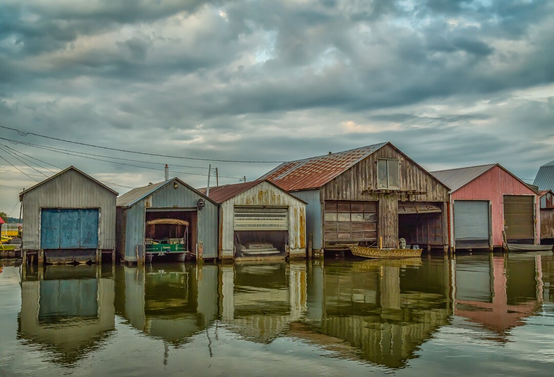 Boat Houses Port Rowan Ontario Landscape Reflectioncloudy Fine Art