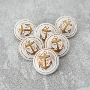 White Washed Gold Anchor Buttons, 19mm 3/4 inch - White on Gold Metal w/ Ship Anchors - VTG NOS Gold-Tone Metal Boat Anchor Buttons MT178