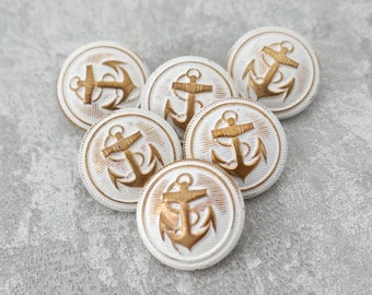 White-Washed Gold-Anchor Vintage NOS Buttons, ≈19mm 3/4 inch - 6 or 8 White on Gold-Tone Metal Boat Ship Nautical Anchor Shank-Buttons MT178