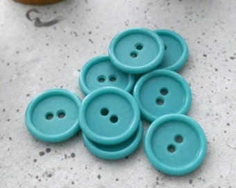 Light Turquoise-Blue Vintage NOS Sewing-Buttons, ≈19mm 3/4 inch - 6 or 8 Sky-Blue 2-Hole Sew-Through Buttons w/ Glossy Rims, 1970s P292