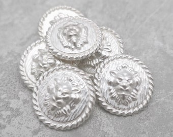 Silver Lion Face Buttons, ≈20mm .78" - Powerful Lion-Head Silver-Tone Metal-Buttons, 6 Vtg NOS Regency-Style Silver-Metal Lion-Buttons MT163