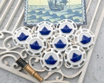 Blue Petit Bateaux Buttons, ≈18mm .71" - Nautical-Buttons w/ Navy-Blue Origami Sail Boat, Vintage NOS Pierced Ship-Wheel Shank-Buttons P1011