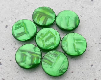 Genie Green Buttons, ≈17mm .67" - Modern Designer Glossy Green-Glow Sewing-Buttons, 7 Vtg NOS Bright Luminescent Emerald-Green Shanks P1070