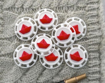 Red Petit Bateaux Buttons, ≈18mm .71" - Kids Nautical-Buttons w/ Frigate-Red Sail Boats - 8 Vtg NOS Pierced Ship Wheel Shank-Buttons P998