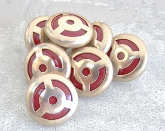 Modernist Gold Buttons, ≈15mm 5/8 inch - Pierced Gold-Tone Mid-Century Shank-Buttons - 10 Vtg NOS Pale-Gold Metal-Buttons w/ Red Inset MT027