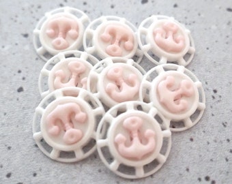 Pink Boat Anchor Buttons, ≈18mm .71" - White Pierced Nautical Ship Wheel Buttons w/ Pink Retro-Mod Anchors - 6 Vintage NOS PL639