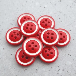 Retro Red Buttons, ≈18mm .71 inch - Glossy Mod Wagon-Wheel-Red Sewing-Buttons - Vtg NOS Bright-Red Buttons w/ White Ring-Around Rims PL402
