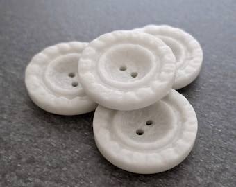 Blizzard 1950s Vintage NOS 2-Hole Sew-Throughs, ≈38mm 1-1/2" - Chunky Chiseled Casein Reeded Rim Scooped Varnished White Coat Buttons PL064