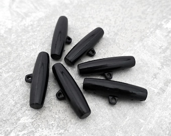 Black Shank Toggle Buttons, 41mm 1-5/8 inch - Slick Black Oblong Sewing Toggle Buttons - 6 VTG NOS Glossy Black Coat Toggle Buttons P067 bb