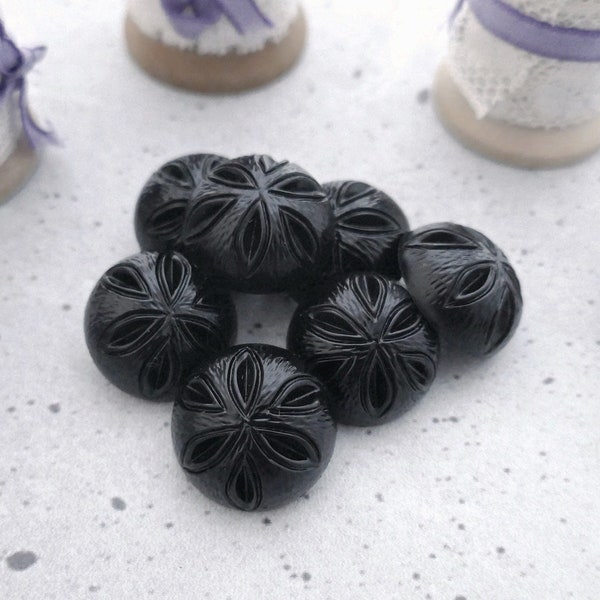 Domed Flower Buttons, 23mm .90 inch - Carved Seed Flower Black Coat Shank Buttons - VTG NOS Retro Modern Chunky Black Sewing Buttons PL078