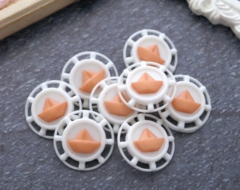 Orange Petit Bateaux Buttons, ≈18mm .71" - Kids Nautical-Buttons w/ Peach Sail Boats - 8 Vtg NOS Pierced Ship-Wheel Shank-Buttons PL638