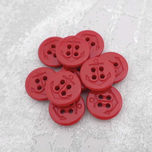 Bright Red Anchor Buttons, 16mm 5/8 in - Frigate Red Pea Coat Sewing Buttons - 10 VTG NOS Cardinal Red Nautical Boat Anchor Buttons NP074 bb