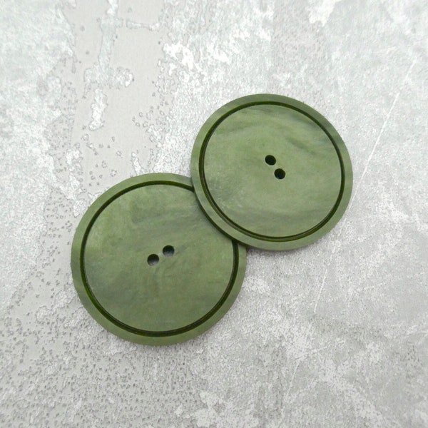 Moss Green Buttons, 34mm 1-3/8 inch - Large Moss Green Sewing Buttons w/ Black Ring-Around Circle - 2 VTG NOS Modern Green Sew-Throughs P081