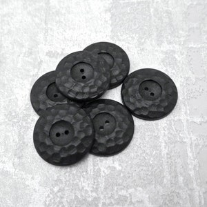 Chiseled Black Buttons, 21mm .82 inch - Carved Jet Black Sew-Through Buttons - 6 VinTaGe NOS Organic-Feel Ebony Black Sewing Buttons P110