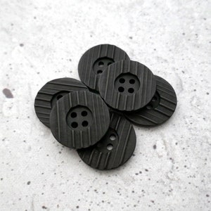 Grooved Black Buttons, 25mm 1 inch -  Modern Striped Satin Matte Black Sewing Buttons - VTG NOS Carved Black Coat Sew-Through Buttons P618