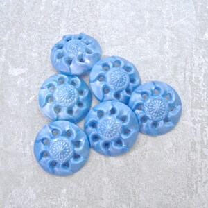 May include: Six light blue buttons with a decorative, carved sunburst design. The buttons are made of a smooth, shiny material.