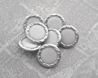 Carved Rim Silver Tone Metal Vintage NOS Buttons, ≈18mm .71" - 7 Hybrid Two Tone Metal Plastic Designer Shank Buttons with White Inset MT091