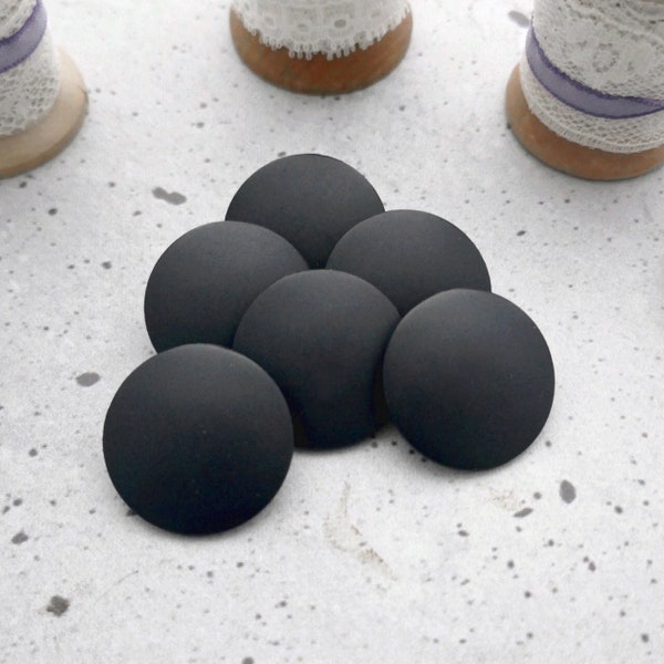 Woodstove Black Shanks, 28mm 1-1/8 inch - Smooth Satin Matte Charcoal Black Buttons - 6 VTG NOS Plain Licorice Black Sewing Buttons P694