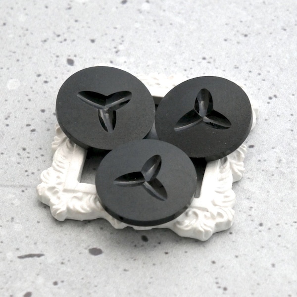 Carved Black Shanks, 27mm 1.06 inch - Mod Floral Licorice Black Sewing Buttons - VTG NOS Retro Modern Black Floral Shank Buttons P662