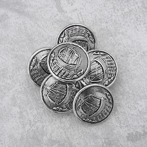 Nautical Ship Buttons, 20mm .78 inch - Etched Sea Fairing Sail Boat Buttons - 6 VTG NOS Silver Metal Medieval Viking Sailboat Buttons MT127