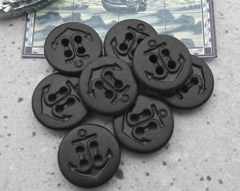 Black Anchor Buttons, ≈16mm 5/8 inch - Small Black Plastic Pea-Coat Sewing-Buttons - Vtg NOS Glossy-Black Nautical Ship-Anchor Buttons PL449
