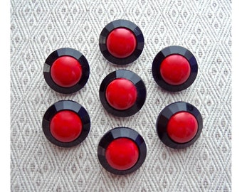 Deco the Halls Buttons, ≈19mm 3/4" - Glossy Faceted Black Rim Shank-Buttons w/ Red Centers, 6 VinTaGe NOS Black & Red Two-Tone-Buttons PL408