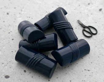 Nouveau Dark Cyan-Blue Toggles, ≈31mm 1-1/4" - Faceted Half-Log Biscayne-Blue Toggle Closures - 6 Vtg NOS Deco Marine-Blue Coat Shanks P990