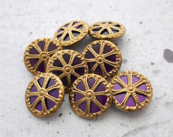 Violet Wheel-of-Fortune Buttons, ≈18mm .71" - 8 Vintage NOS Pierced Gold Metal layered on Saturated Purple Luminescent Plastic Shanks P335