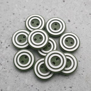 Celtic Green Buttons, 15mm 5/8 inch - Double White Ring-Around Bright Olive Green Buttons - VTG NOS Rosemary Green Concave Sew-Throughs P972