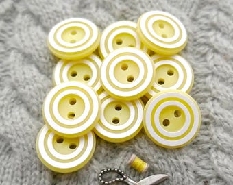 Canary 1970s Vintage NOS 2-Hole Sew-Throughs, ≈15mm 5/8" - Double White Target Concentric Circles Rim Scooped Buttons in Lemon Yellow P640