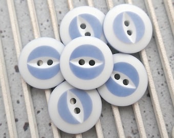 Misty Periwinkle 1970s Vintage NOS 2-Hole Sew-Throughs, ≈19mm 3/4" Matte White Slanted Rim Glossy Center Fisheye Buttons in Pale Blue P1313
