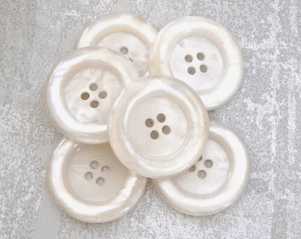 Fragrant Jasmine 1980s Vintage NOS 4-Hole Sew-Throughs ≈28mm 1-1/8" Swirled Silvered Tonal Iridescent White Buttons in Vanilla Cream PL737