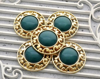 Everglade Gold Buttons - CHOOSE ≈23mm .90", ≈28mm 1-1/8" - Pierced Gold-Tone Foliate Rim Victory Garden-Green Shank-Buttons, 5 Vtg NOS P1026