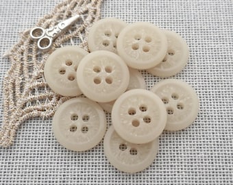 Swiss Coffee 1970s Vintage NOS 4-Hole Sew-Throughs, ≈14mm .55" - High Gloss Raised Rim Etched Sunken Center Buttons in Antique White P690