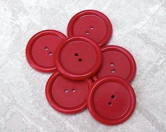 Cardinal Crimson 1970s Vintage NOS 2-Hole Sew-Throughs 27mm 1.06" - Glossy Rounded Raised Rim Satin Center Coat Buttons in Combine Red PL495