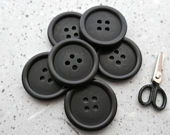 Beluga 1970s Vintage NOS 4-Hole Sew-Throughs, CHOOSE ≈15mm ≈19mm ≈25mm - Glossy Raised Rim Satin Sunken Center Buttons in Jet Black P1276